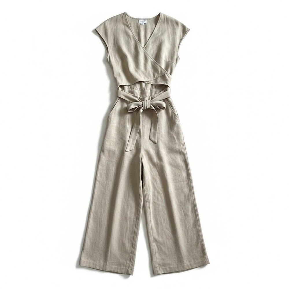 Aritzia Wilfred Free‎ Jumpsuit Wide Leg Cropped Wrap Tie Beige Casual